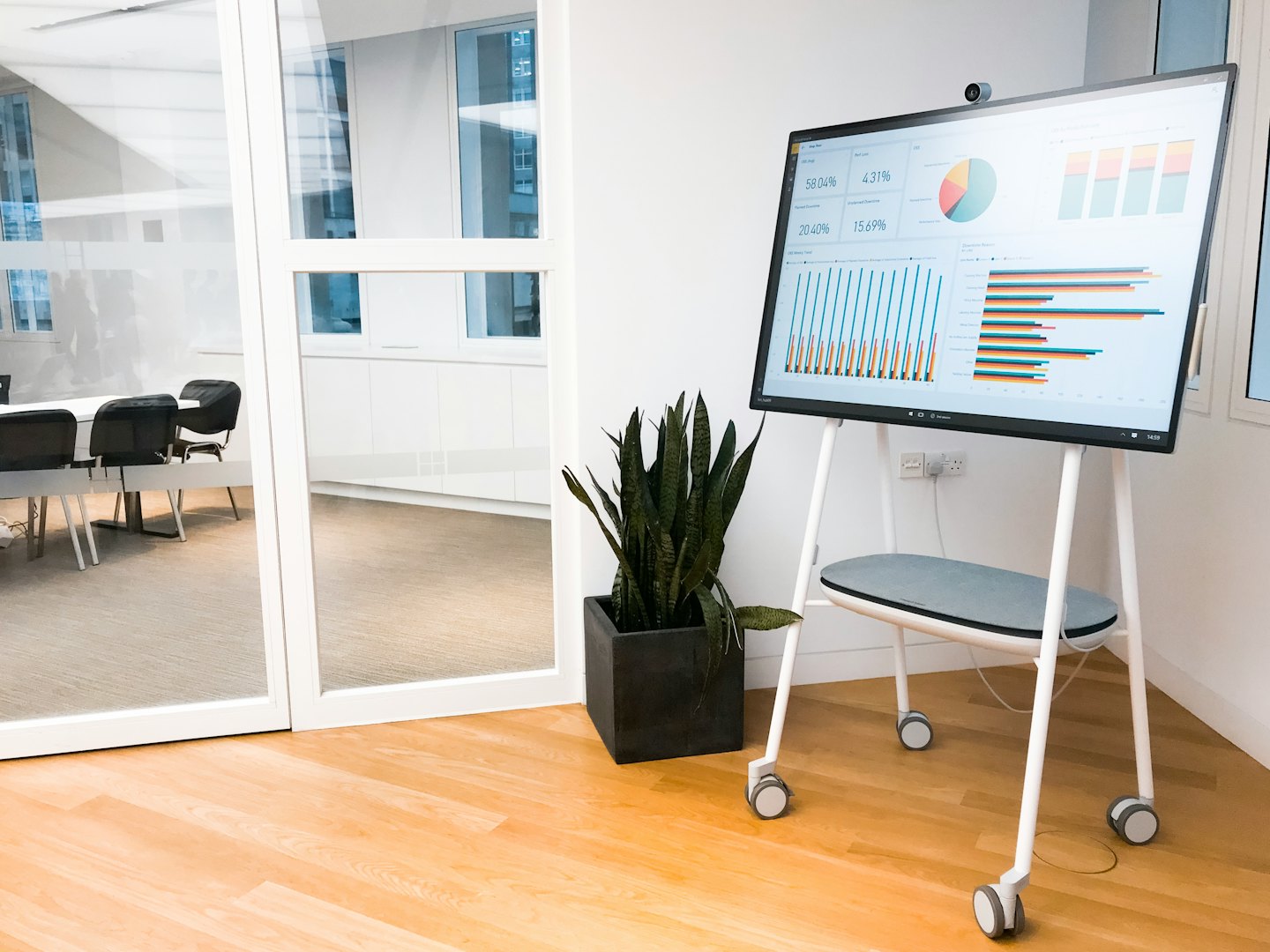 Interactive business data display on a mobile stand in an office.